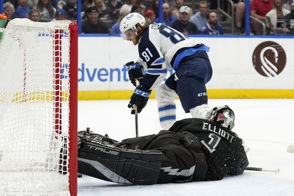 Winnipeg Jets left wing Kyle Connor (81) scores past Tampa Bay Lightning goaltender Brian Elliott (1) during the first period of an NHL hockey game Saturday, April 16, 2022, in Tampa, Fla.