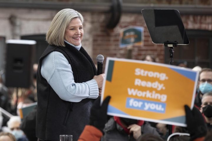 Ontario NDP Leader Andrea Horwath makes an announcement during a rally in Toronto on Sunday, April 3, 2022.