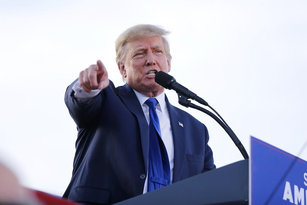 Former President Donald Trump speaks at a rally at the Delaware County Fairgrounds, Saturday, April 23, 2022, in Delaware, Ohio, to endorse Republican candidates ahead of the Ohio primary on May 3. A New York judge has found former president Donald Trump in contempt of court for failing to adequately respond to a subpoena issued by the state’s attorney general as part of a civil investigation into his business dealings.