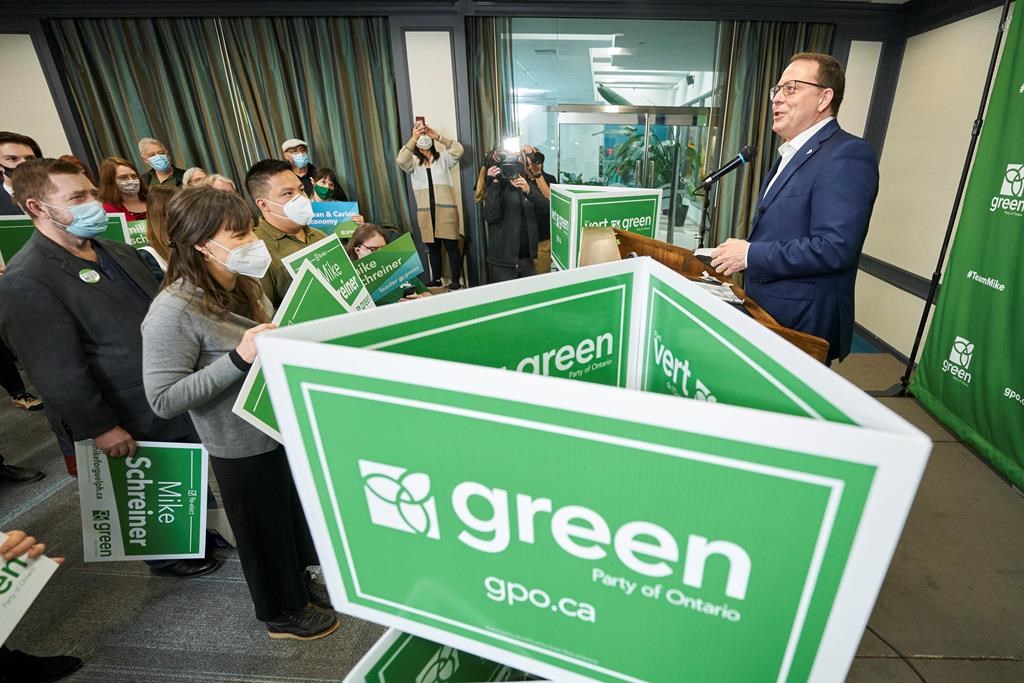 Ontario Green Party leader Mike Schreiner speaks to candidates at a campaign event in Kitchener, Ont. on Sunday, April 10, 2022. Ontario’s Greens are hoping to build on momentum from their first-ever provincial win and grow their caucus of one this spring – or at least hold onto the seat they won four years ago. THE CANADIAN PRESS/Geoff Robins.