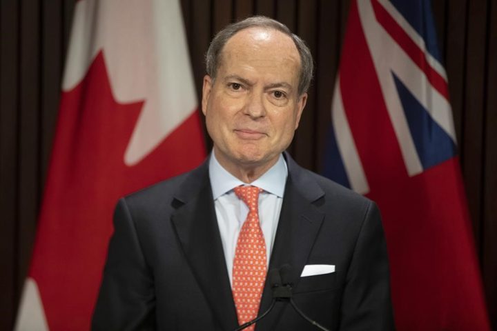 Ontario Finance Minister Peter Bethlenfalvy takes to the podium during a news conference in Toronto on Wednesday April 28, 2021.