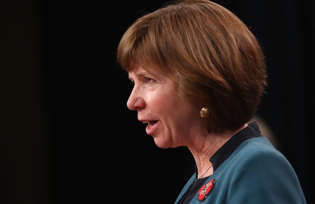 Sheila Malcolmson speaks during a news conference in the press gallery at the Legislature in Victoria, Monday, Nov. 1, 2021. British Columbia has introduced legislation that would allow people to get independent advice about their rights after they've been involuntarily detained for treatment of a severe mental health disorder. The mental health and addictions minister says the rights-advice service is aimed at assuring people will be treated fairly. THE CANADIAN PRESS/Chad Hipolito.