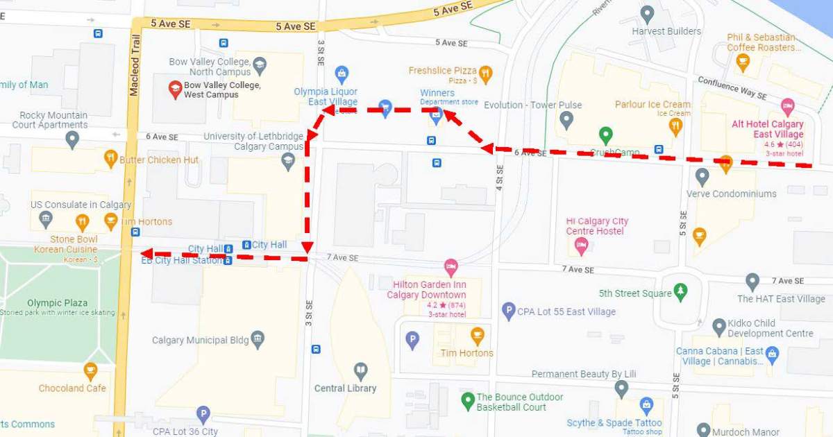 A map of the path Calgary police say a man took on April 2, 2022, that included multiple alleged sexual assaults.