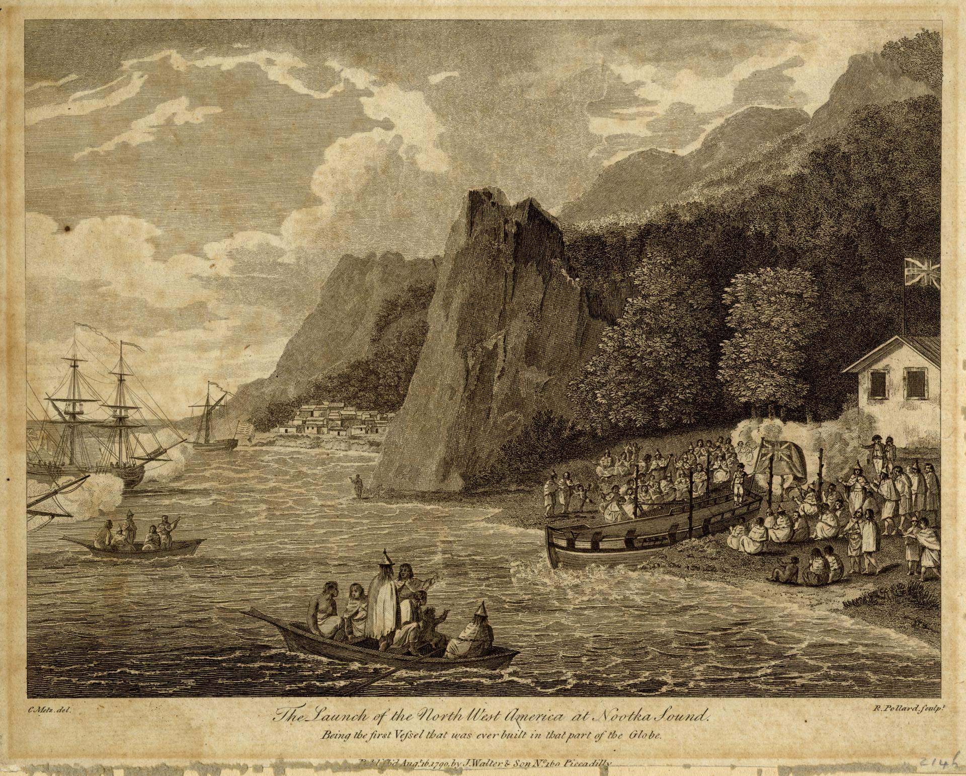 This 1790 illustration shows the launch of the North West America, the first non-Indigenous vessel to be built in the Pacific Northwest. The boat was built by 50 Chinese labourers who accompanied John Meares to Canada.