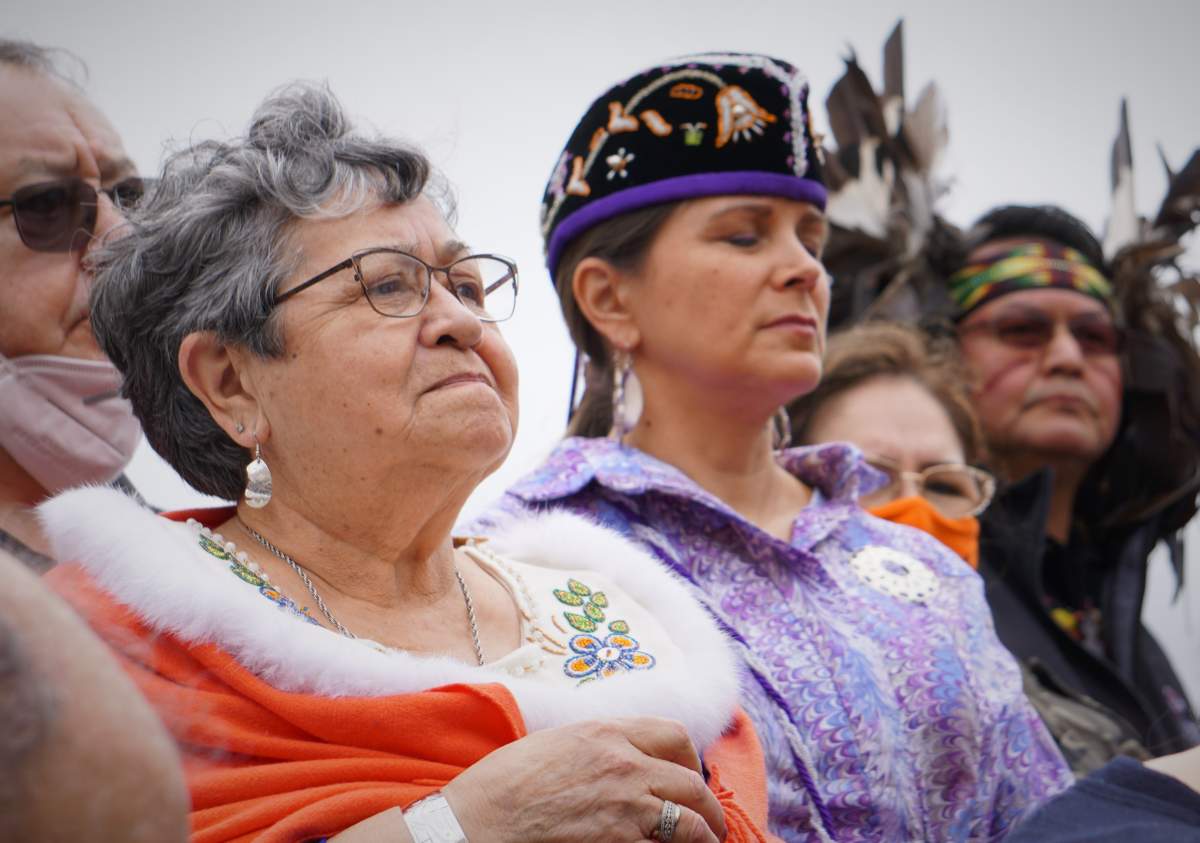 Yukon delegate Adeline Webber listens as Dene National Chief Gerald Antoine speaks to reporters in Rome on April 1, 2022, after a historic meeting with Pope Francis.