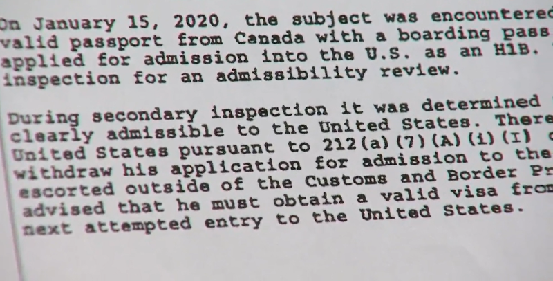 Dr. Ardalan Ahmad shows Global News his Department of Homeland Security Withdrawal of Application for Admission form, revealing his determination of inadmissibility to the United States on Jan. 15, 2020.