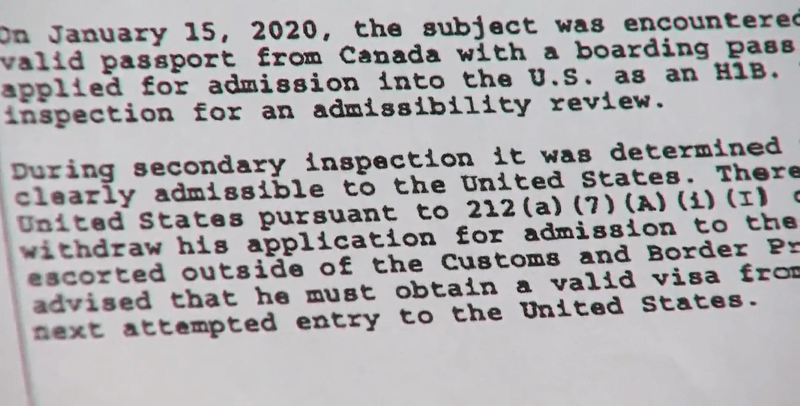 Dr. Ardalan Ahmad shows Global News his Department of Homeland Security Withdrawal of Application for Admission form, revealing his determination of inadmissibility to the United States on Jan. 15, 2020.