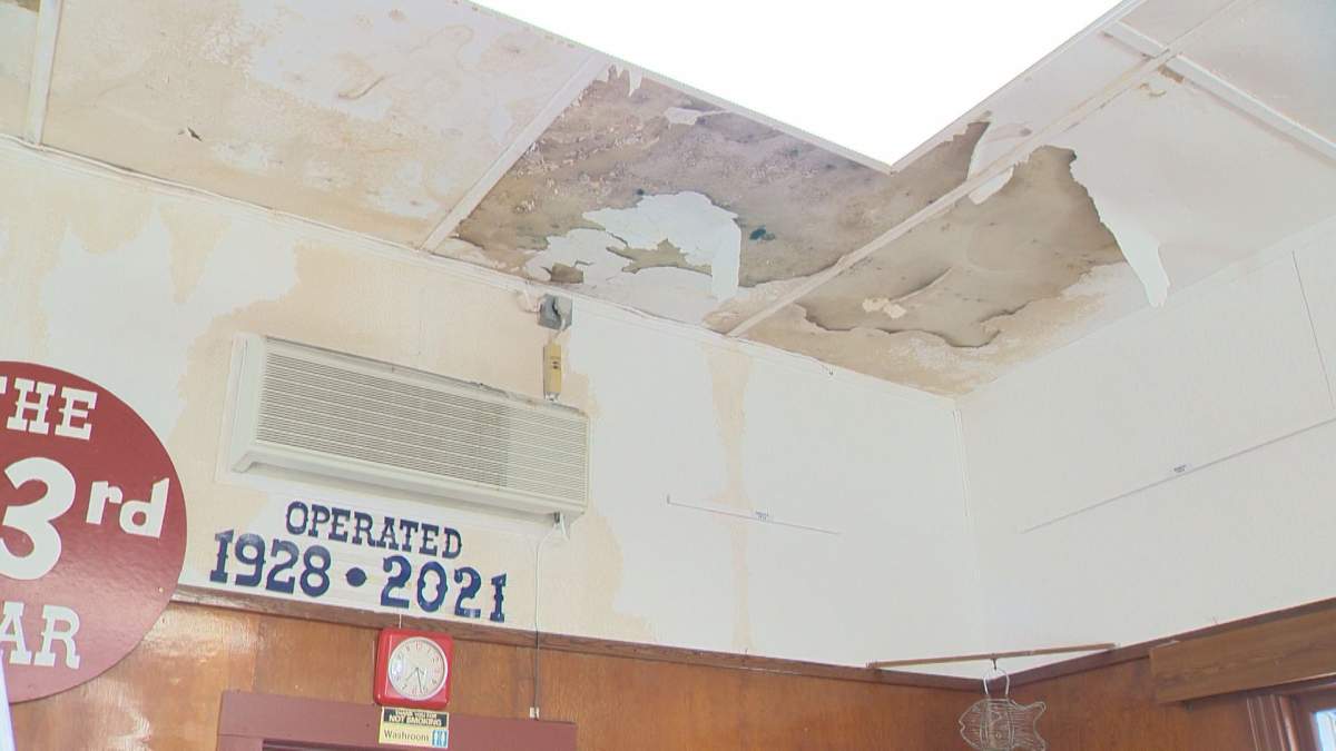A portion of the ceiling inside the Blue Bird Cafe has suffered water damage.
