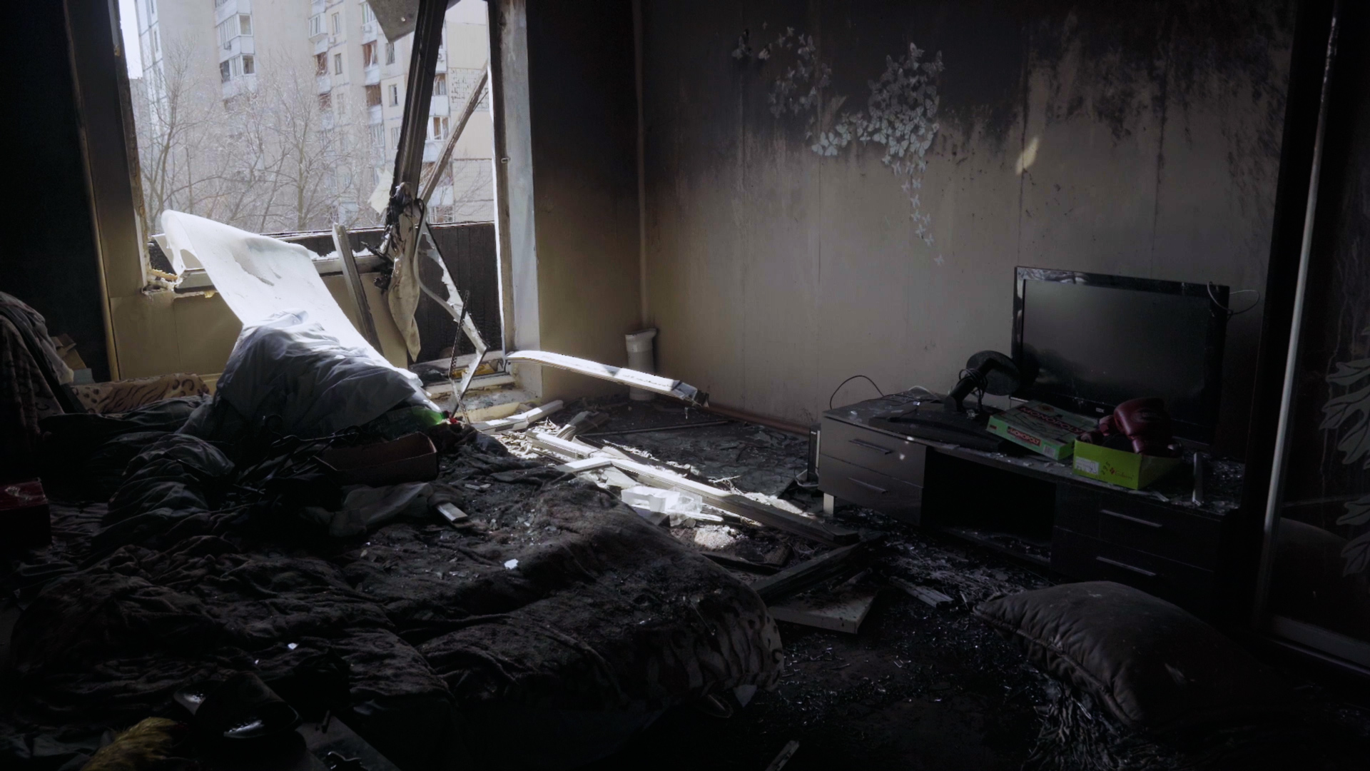 An apartment building on the outskirts of Kyiv was bombed on March 14, 2022.