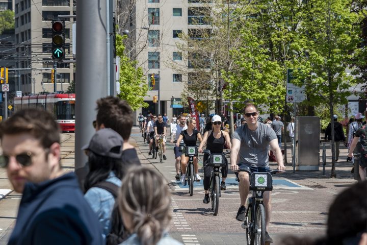 Torontonians enjoying bike rides at Toronto's waterfront during Toronto's ActiveTO weekend on May 16, 2021. 
