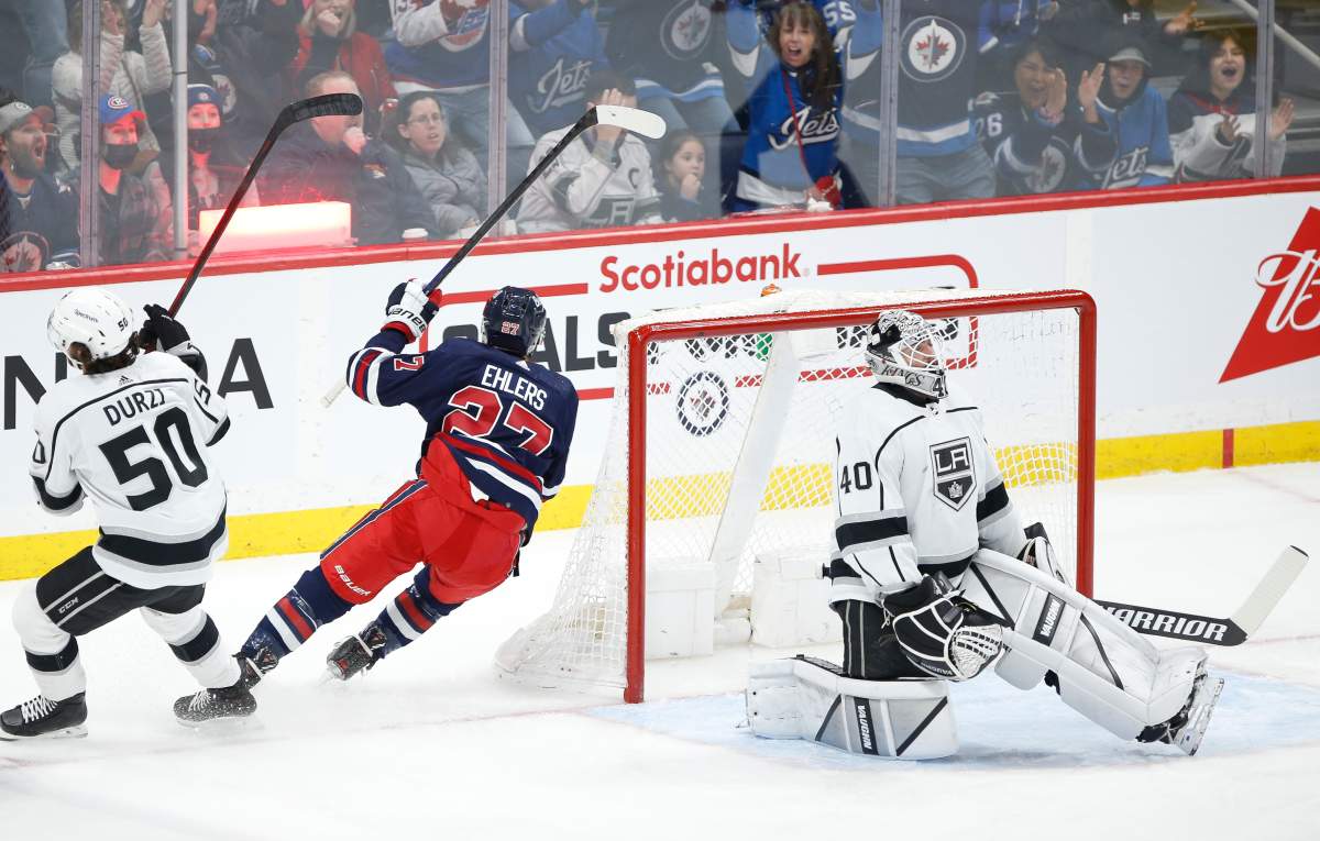 Winnipeg Jets’ Nikolaj Ehlers (27) celebrates his goal on Los Angeles Kings goaltender Cal Petersen (40) during first period NHL action in Winnipeg, Saturday, April 2, 2022.