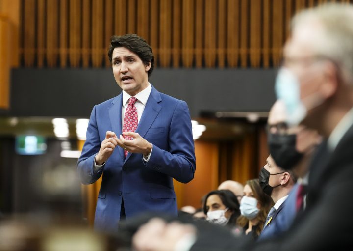 Prime Minister Justin Trudeau rises during question period in the House of Commons on Parliament Hill in Ottawa on Wednesday, April 6, 2022. 