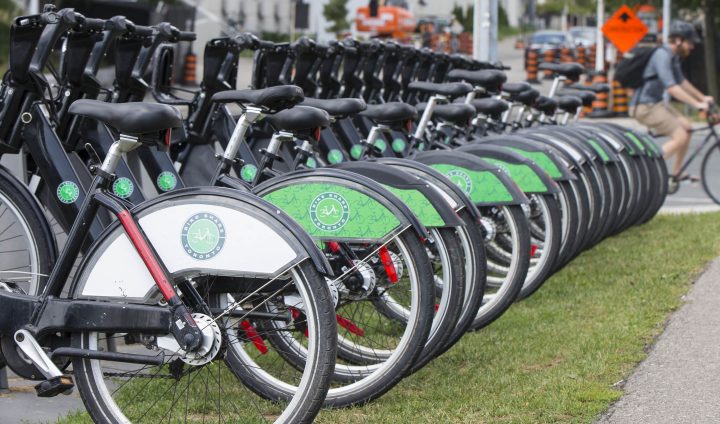 Shared bikes are seen at a docking station in Toronto on Sept. 2, 2020.