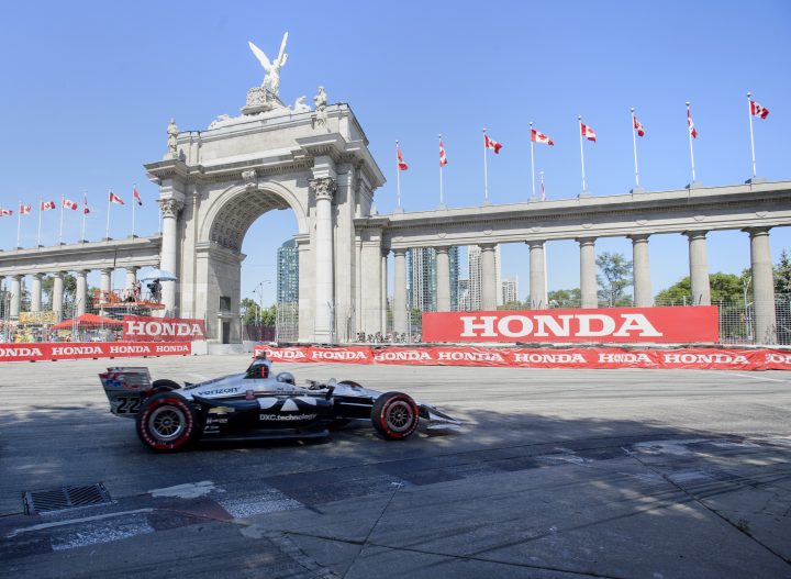 Simon Pagenaud of France races during the 2019 Honda Indy Toronto, in Toronto, Sunday, July 14, 2019. 