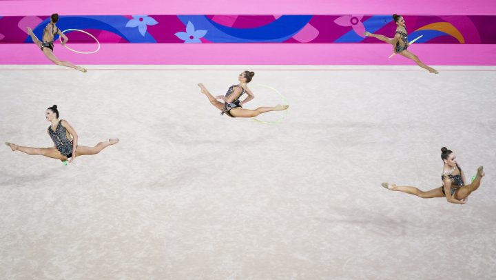Canada’s Alexandra Udachina, Carmen Whelan, Alexandra Zilyuk, Vanessa Panov and Carmel Kallemaa compete in team rhythmic gymnastics at the Lima Pan American Games on Saturday, Aug. 03, 2019.