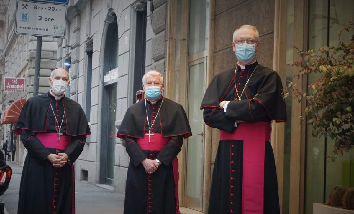 Members of the Canadian Conference of Catholic Bishops (left to right) Don Bolen of Regina, William McGratten of Calgary and Richard Smith of Edmonton wait outside their hotel in Rome to meet Pope Francis with Métis delegates on Mon. March 28, 2022.