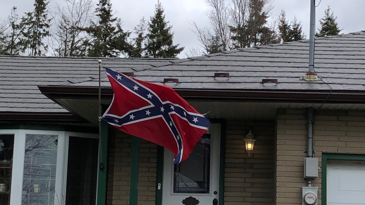 A confederate flag flying out front of a Binbrook,Ont. home on April 26, 2022.