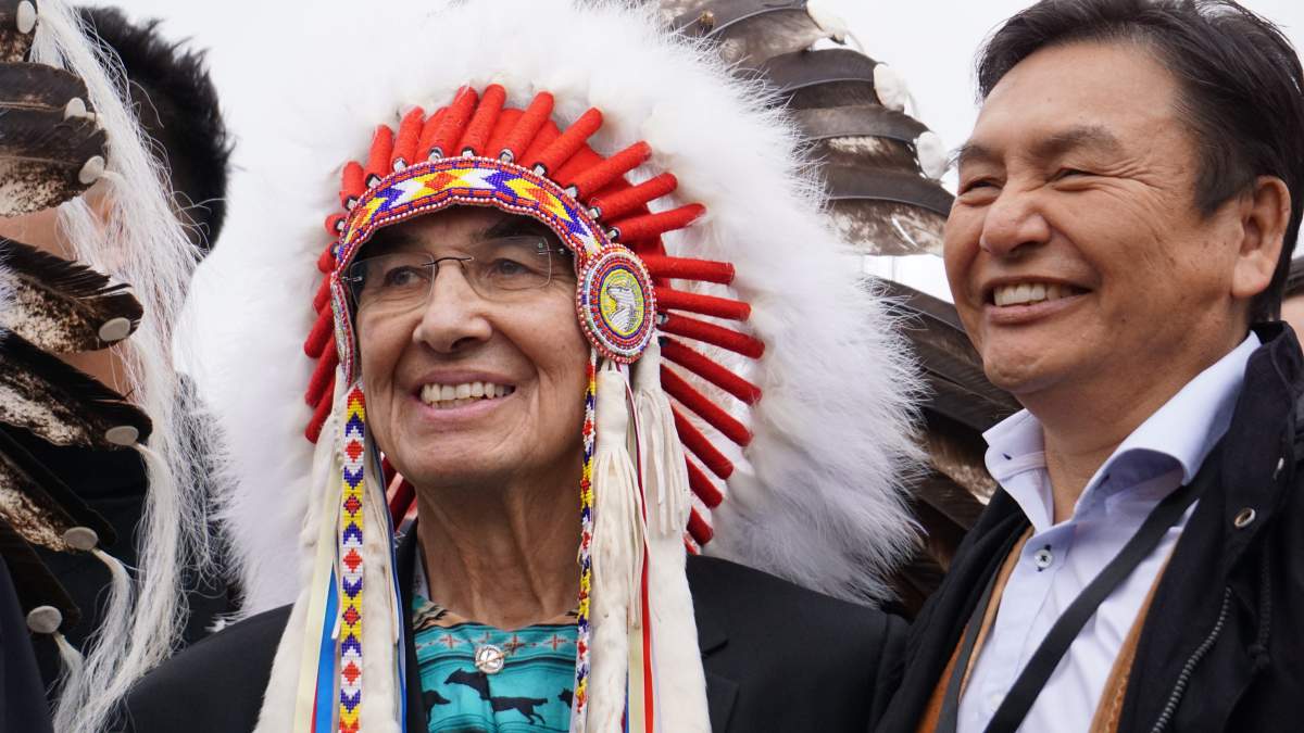 Dr. Wilton Littlchild, former grand chief of the Confederacy of Treaty Six First Nations (left), smiles with John Bekale, delegation representative for the Northwest Territories, after a meeting with Pope Francis in Vatican City on March 31, 2022.