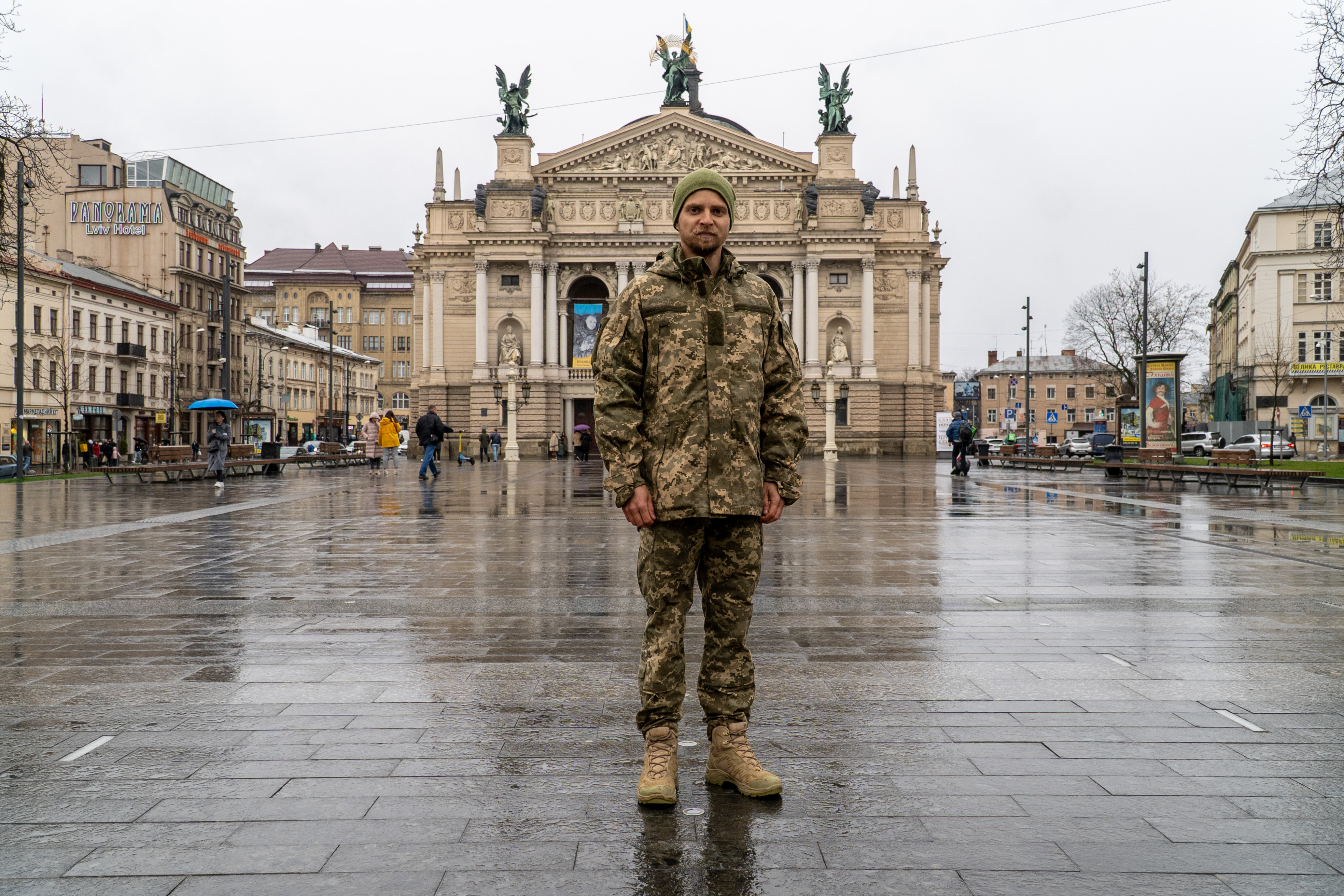 Canadian Igor Volzhanin outside the national opera house in Lviv, Ukraine, April 9, 2022.