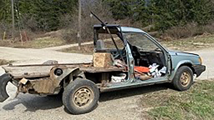 B.C. Highway Patrol says the driver of this vehicle was fined for not producing a licence, having no insurance and operating a vehicle with no seat belts.