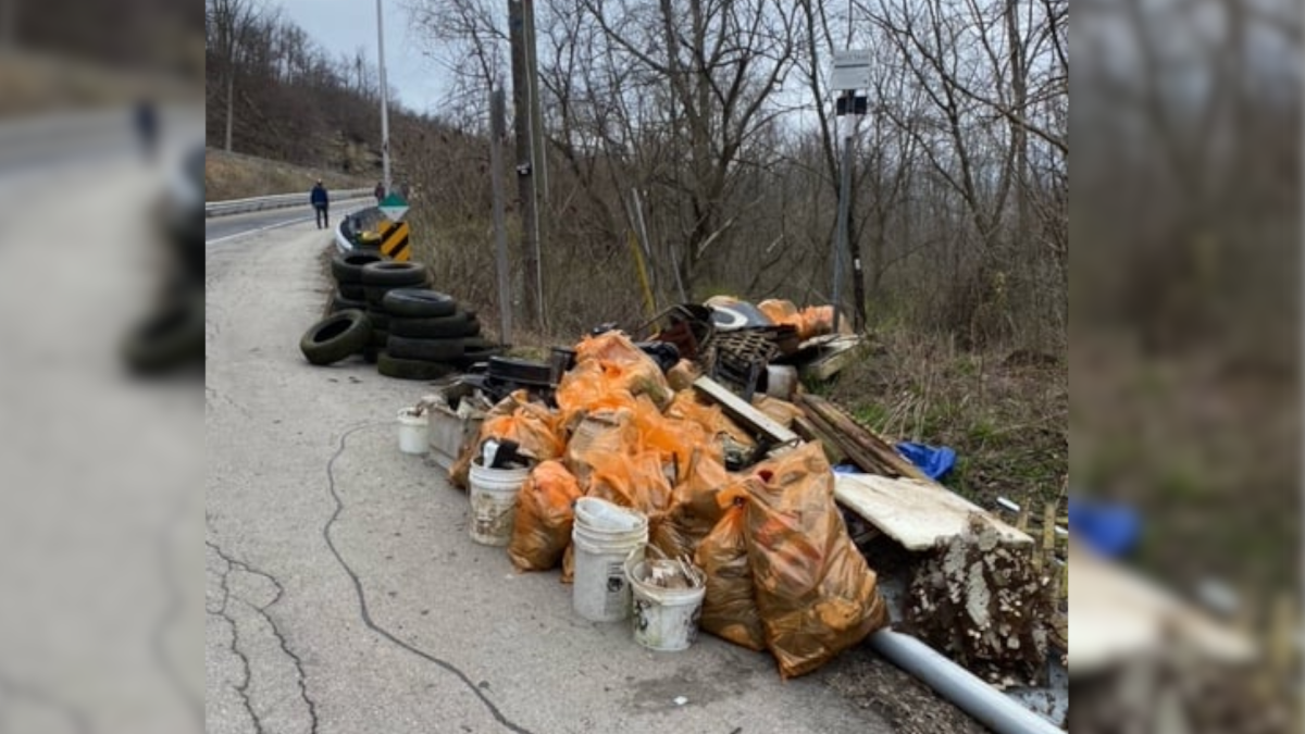 A pile garbage collected from areas around Dewitt Avenue on April 24, 2022. Volunteers with the Escarpment Project removed junk as part of a local Earth Day campaign. 