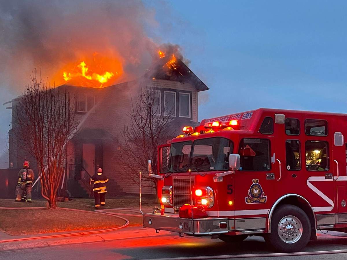 Firefighters battle a blaze in south Lethbridge on Apr. 5 2022.