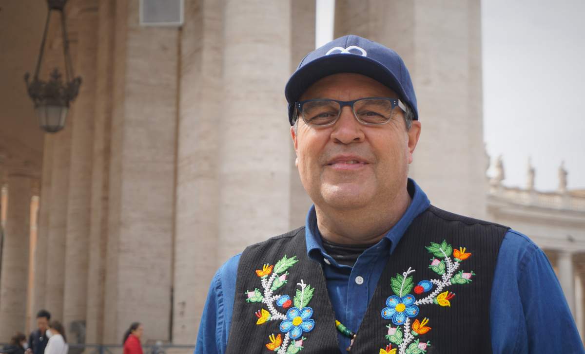 Gary Gagnon, a cultural facilitator, member of the Canadian Catholic Indigenous Council and vice-president for Region 4 of the Métis Nation of Alberta, poses for a photo in Rome on March 28, 2022, after Métis delegates met Pope Francis.