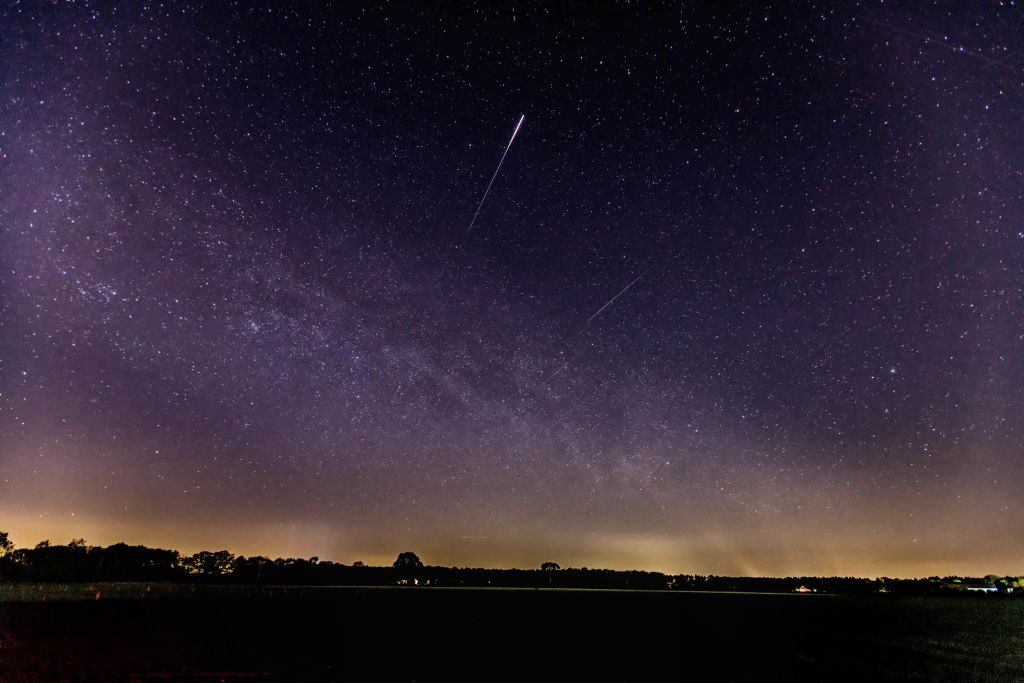 A meteor from the Lyrids is seen on April 22, 2020 above Schermbeck, Germany.