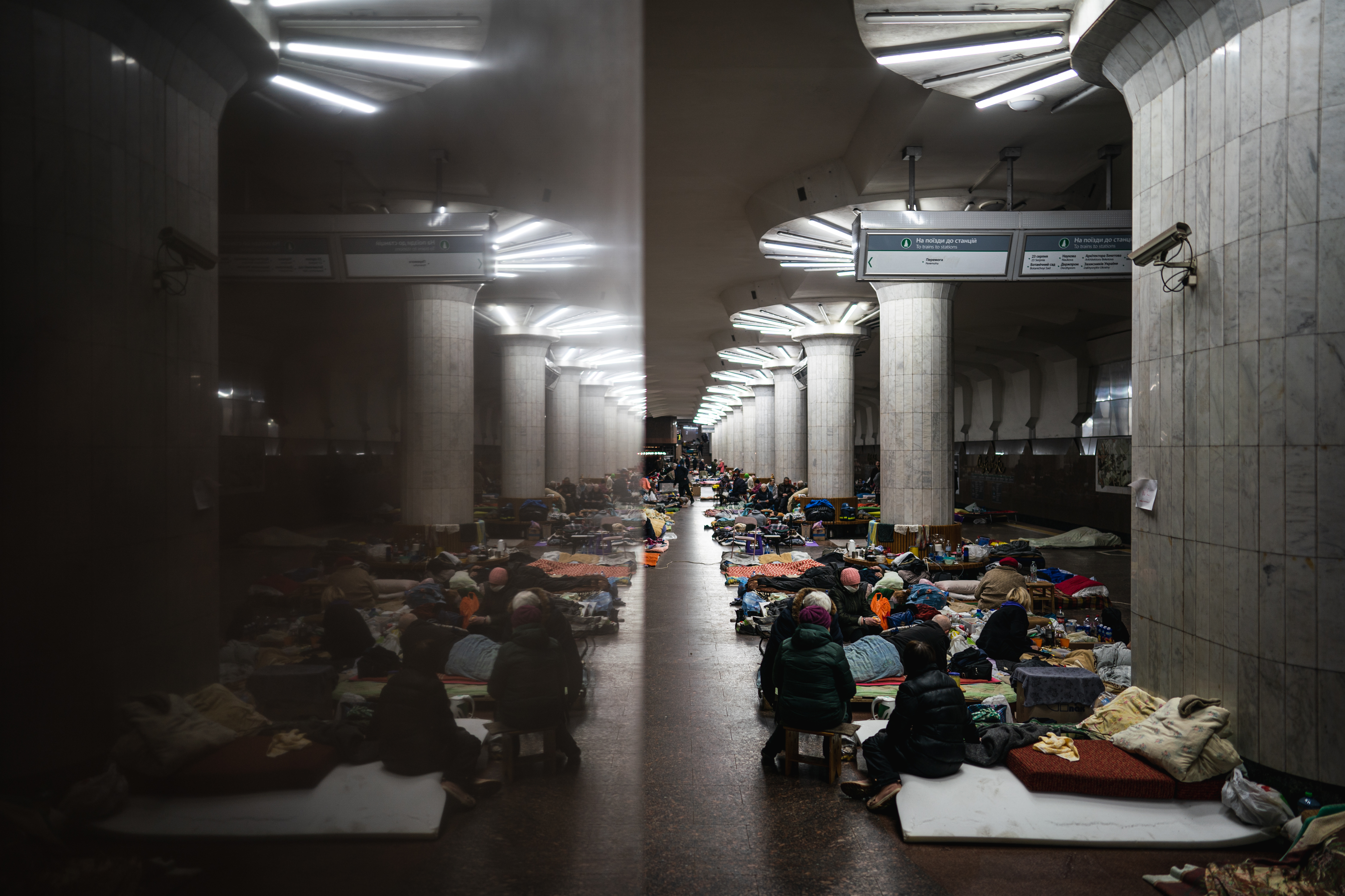 People are seen in the metro where they spend most of the day out of safety from Russian artillery in Kharkiv, Ukraine on March 31, 2022.