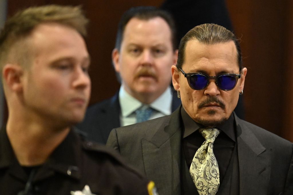 U.S. actor Johnny Depp during a hearing at the Fairfax County Circuit Courthouse in Fairfax, Va., on April 19, 2022.