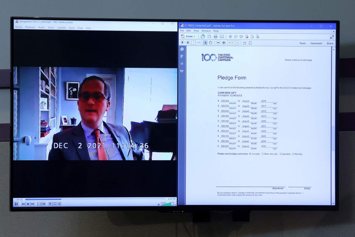 Evidence appears on a monitor during the 50 maillion US dollar Depp vs Heard defamation trial at the Fairfax County Circuit Court in Fairfax, Virginia, on April 28, 2022.