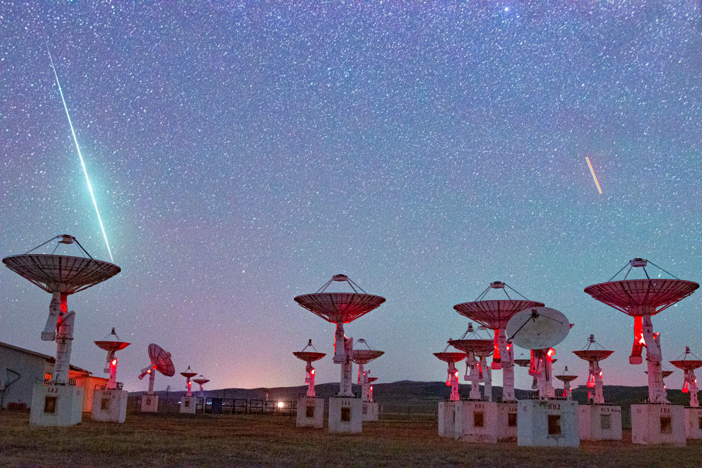A shooting star of the Lyrid meteor shower is observed from the Mingantu Observing Station of National Astronomical Observatories on April 19, 2021 in Xilingol League, Inner Mongolia Autonomous Region of China.