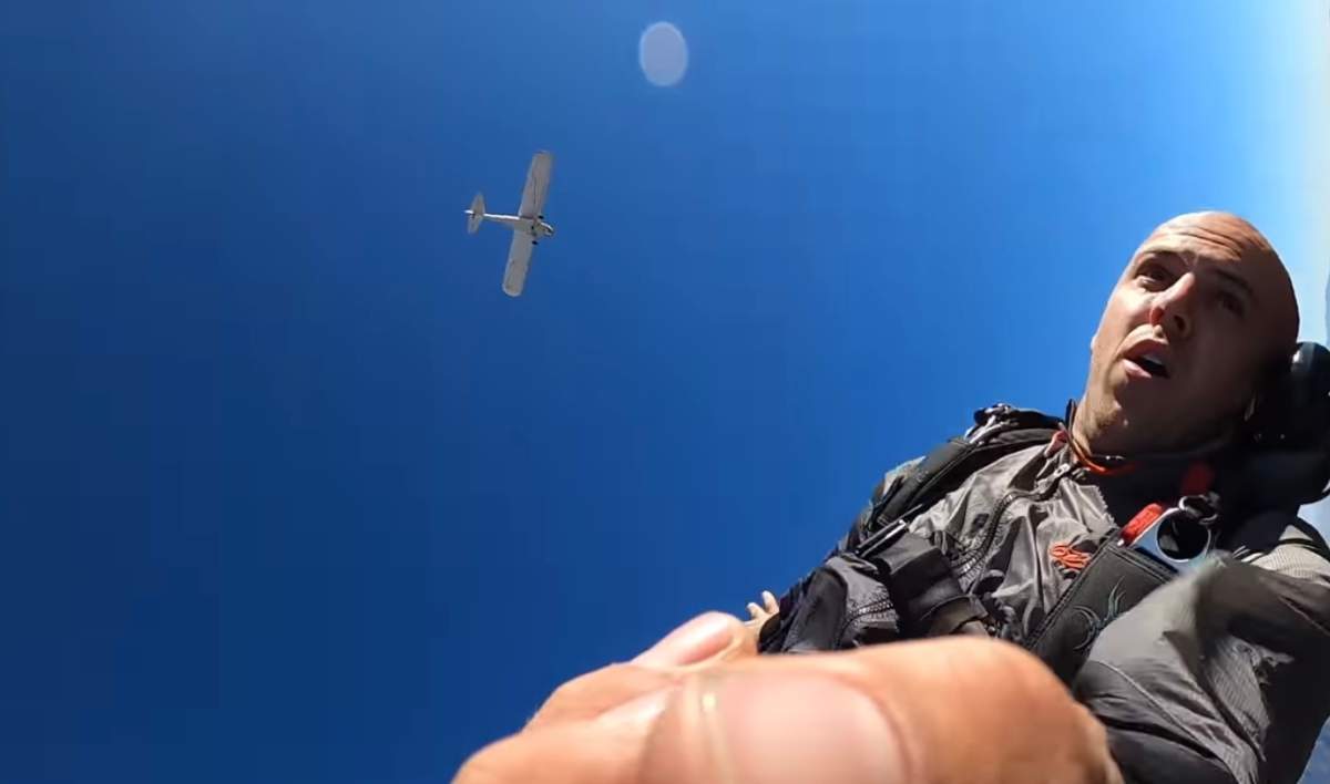 Trevor Jacob abandons and crashes his plane by diving out the side door with a parachute