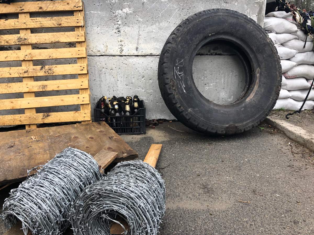 Molotov cocktails and razor wire at a Territorial Defence Force position in Kyiv, April 1, 2022.