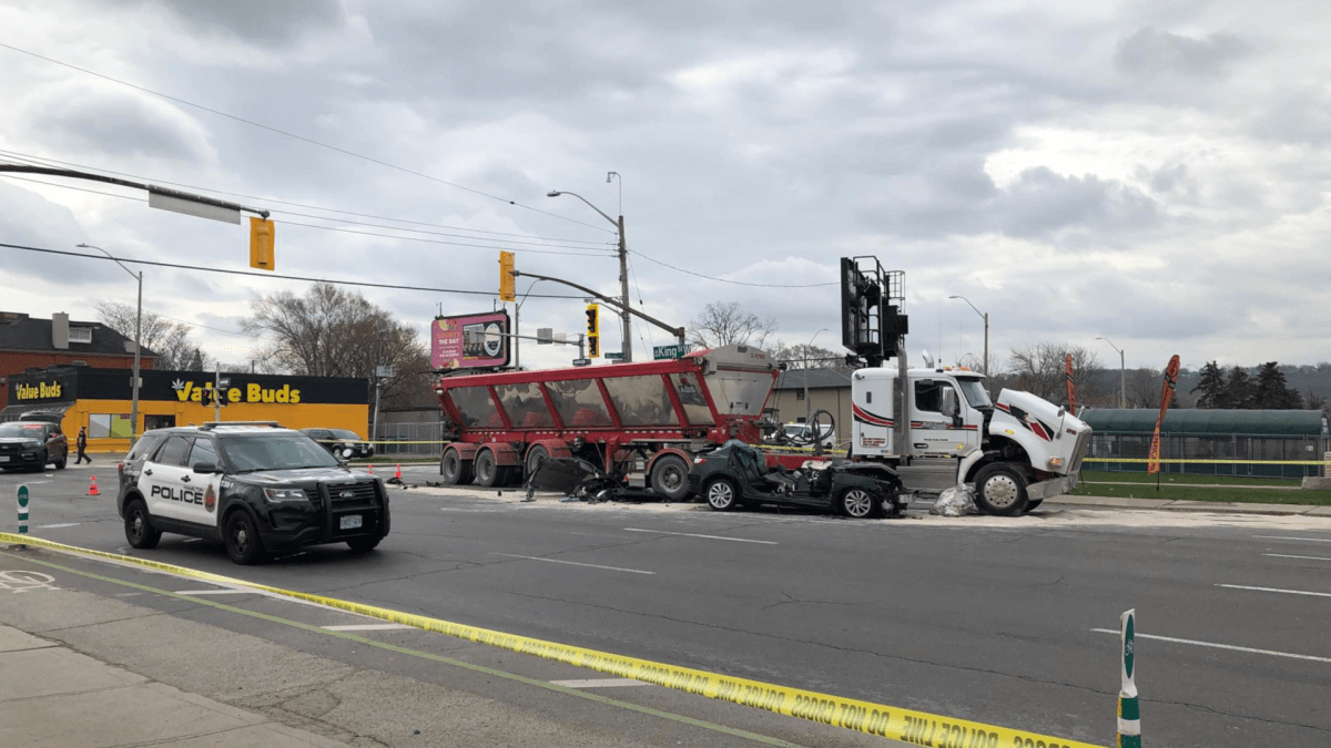 Police say two people were injured after a crash on the morning of April 25, 2022 at King Street East and Dundurn Street South in Hamilton.