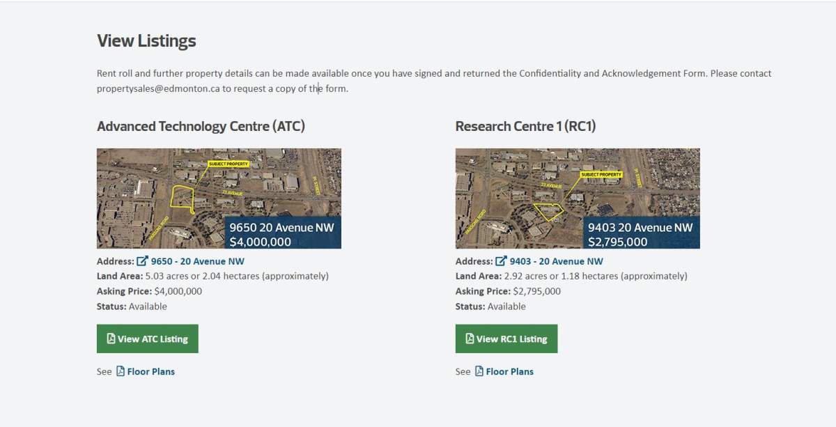 The City of Edmonton is offering the sale of properties in the Edmonton Research Park.