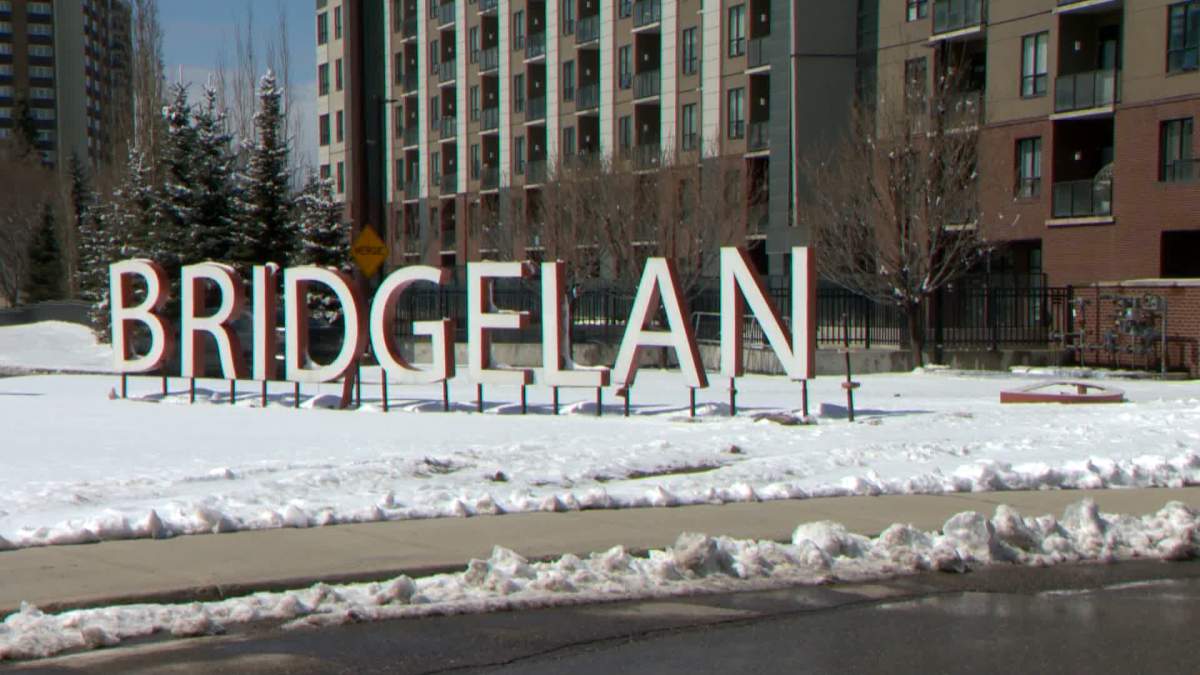 The 'Bridgeland' sign is shown near the intersection of Memorial Drive and 9 Street N.E. after its second 'D' was hit by a driver on April 20, 2022.