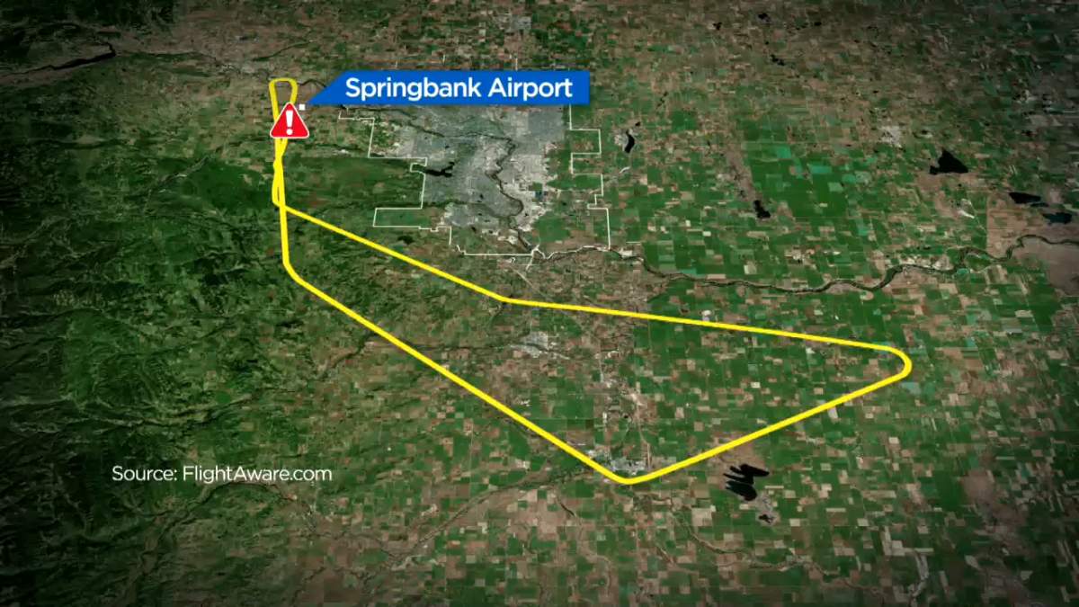 The path of the flight involving Megan Gallagher and Michael Wilton on April 22, 2022, that crashed near the Springbank Airport.