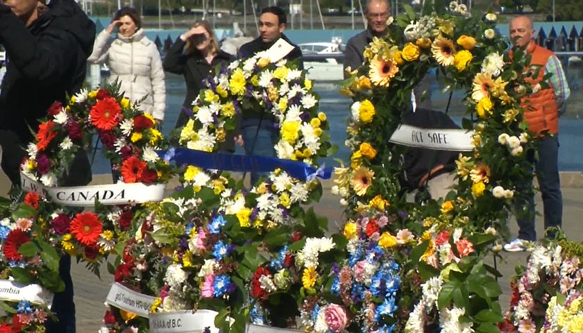 Laurels of workers who passed away on the job in 2021, at a ceremony in Jack Poole Plaza, Vancouver, B.C.