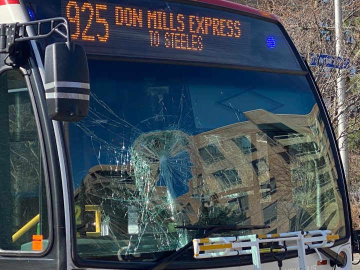 A TTC bus after it struck a pedestrian on April 16.
