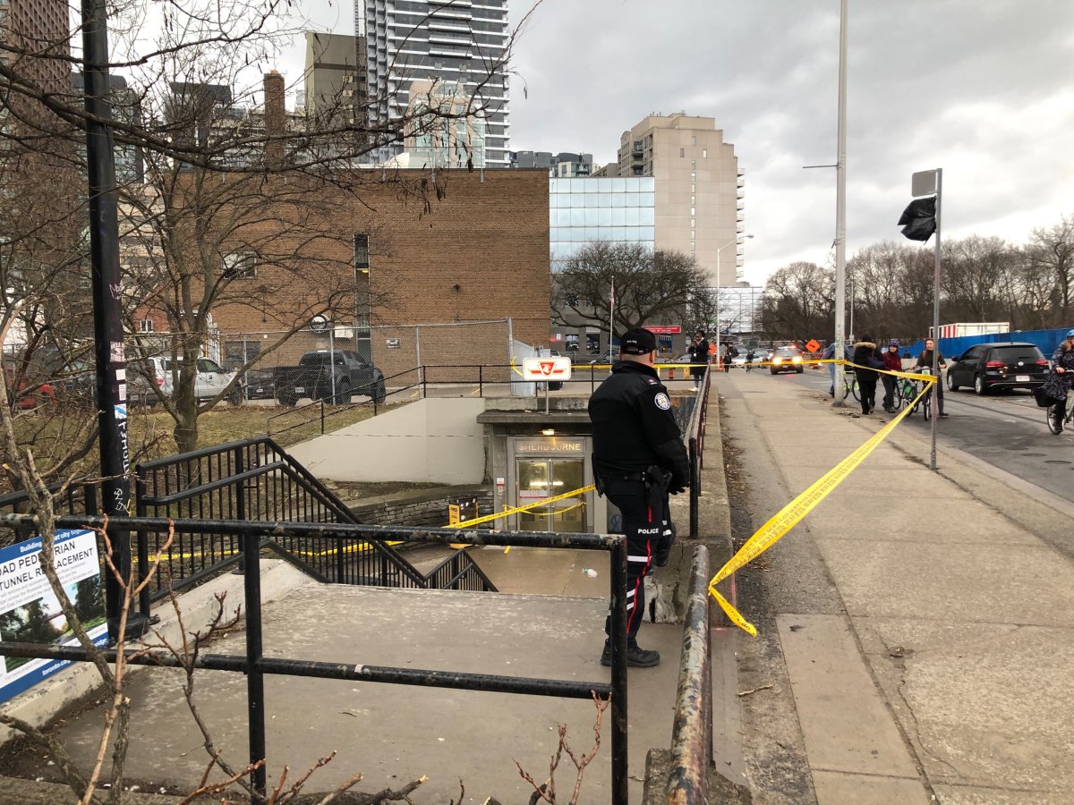 Police are investigating after a man was shot outside of the Sherbourne subway station in Toronto on April 7, 2022.