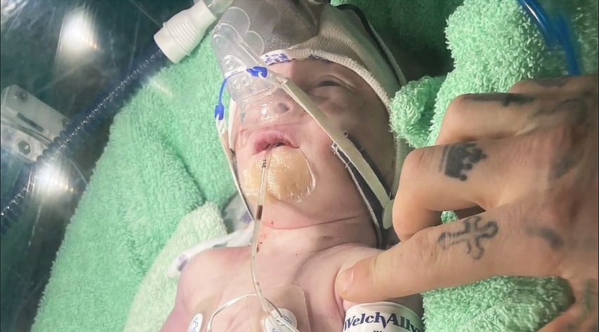 Baby Nathaniel in hospital before his death eight hours after birth.