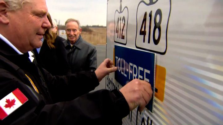Premier Doug Ford marks the removal of tolls on Highways 412 and 418 Tuesday.