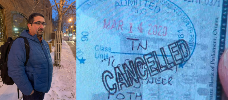 Engineer Moe Toghraei is seen near in Edmonton on Thurs. Feb. 3, 2022, more than a year after he was deemed inadmissible to the United States before a flight from Calgary to Wisconsin. He is pictured next to his TN visa to work in the U.S., marked as "cancelled" in his Canadian passport.