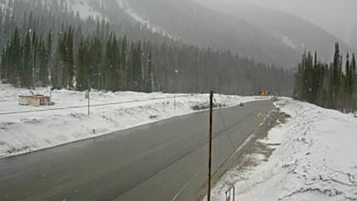 Weather and road conditions at Rogers Pass on Tuesday morning.