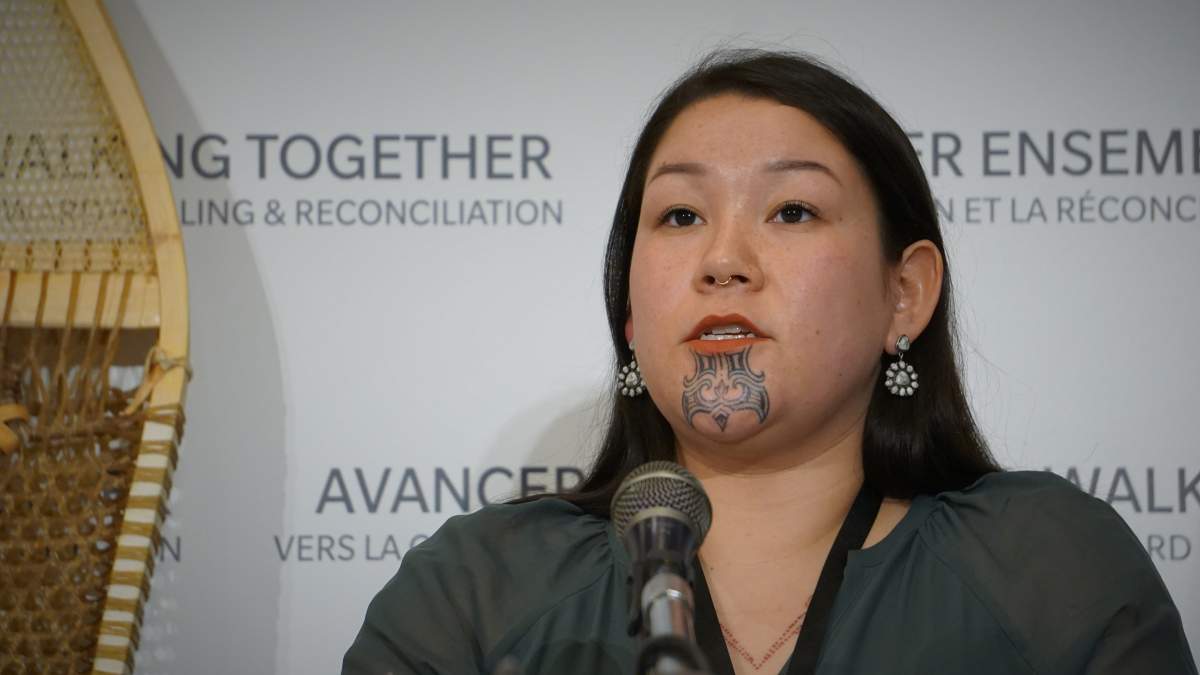 New Brunswick delegate and Eel River Bar First Nation member Rosalie LaBillois speaks to journalists in Rome during a historic delegation of Indigenous peoples to the Vatican on March 31, 2022.