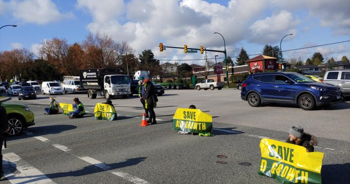 Save Old Growth protesters blocking traffic in Vancouver Wednesday