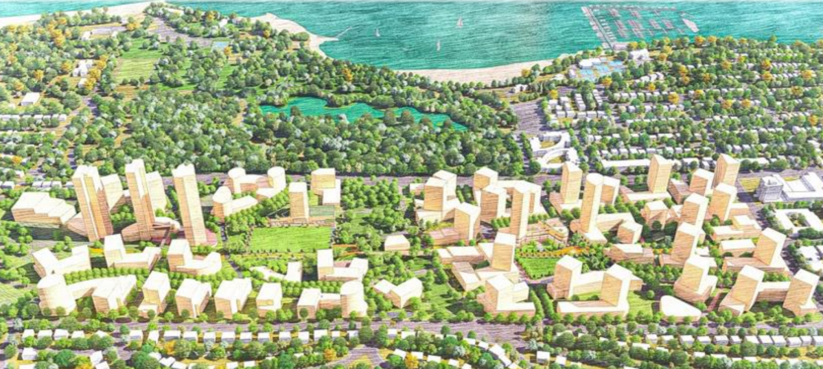 One of two proposed redevelopment concepts for the Jericho Lands, dubbed the Weave or One Peak and Varied Heights concept, as unveiled in October 2021.