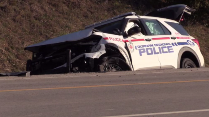 The police car after the crash in Pickering, Ont.
