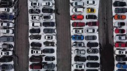 Aerial photo of cars in a dealership lot